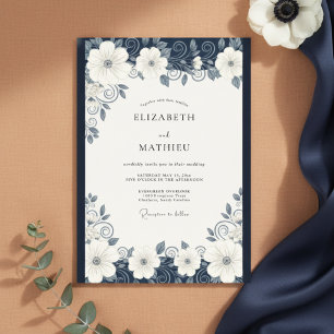 Convite Casamento Elegante e Ornate Azul Marinho