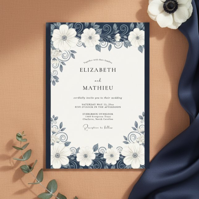 Convite Casamento Elegante e Ornate Azul Marinho (Criador carregado)
