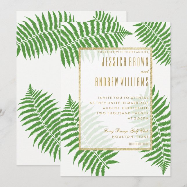 Convite Casamento Elegante e Sofisticado com Samambaia (Frente/Verso)