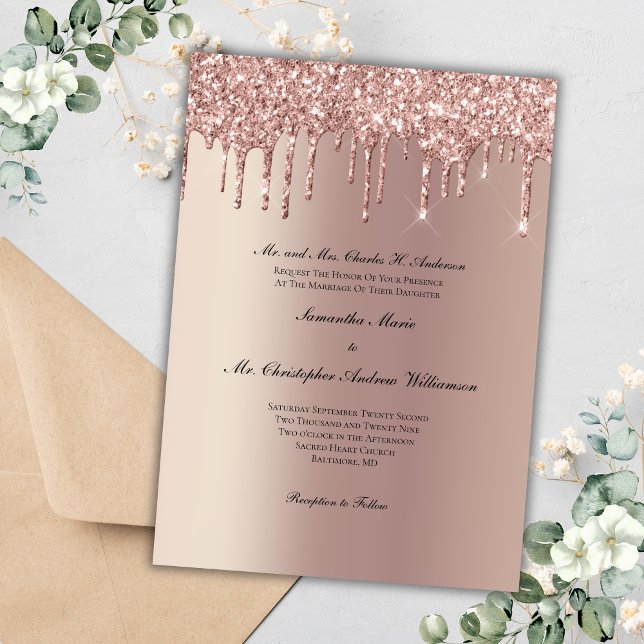 Convite Casamento Elegante e Tendência com Brilho em Rose  (Rose Gold Dripping Glitter Trendy Modern Glam Bling Wedding Invitation)