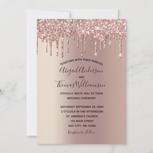 Convite Casamento Elegante e Tendência Drip Glitter Rosa D (Frente)