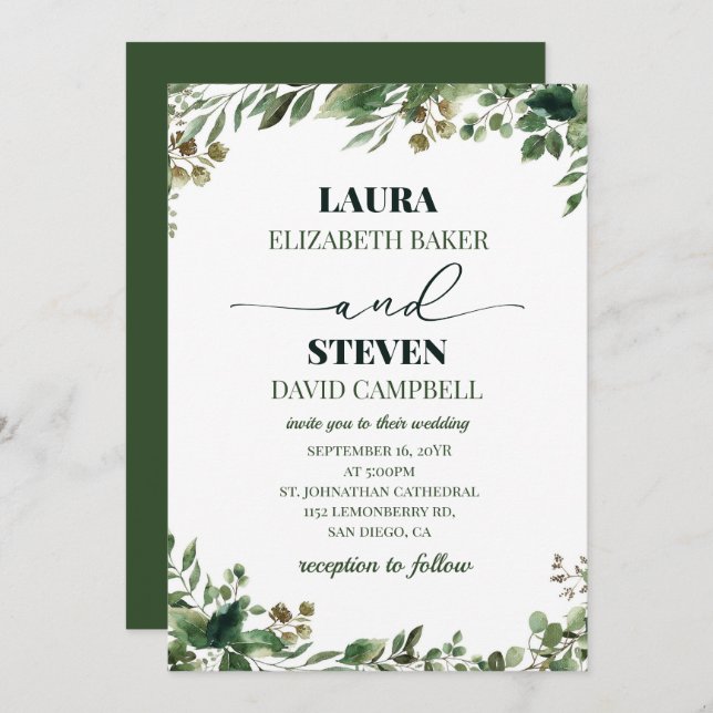 Convite Casamento Elegante e Verde Minimalista (Frente/Verso)