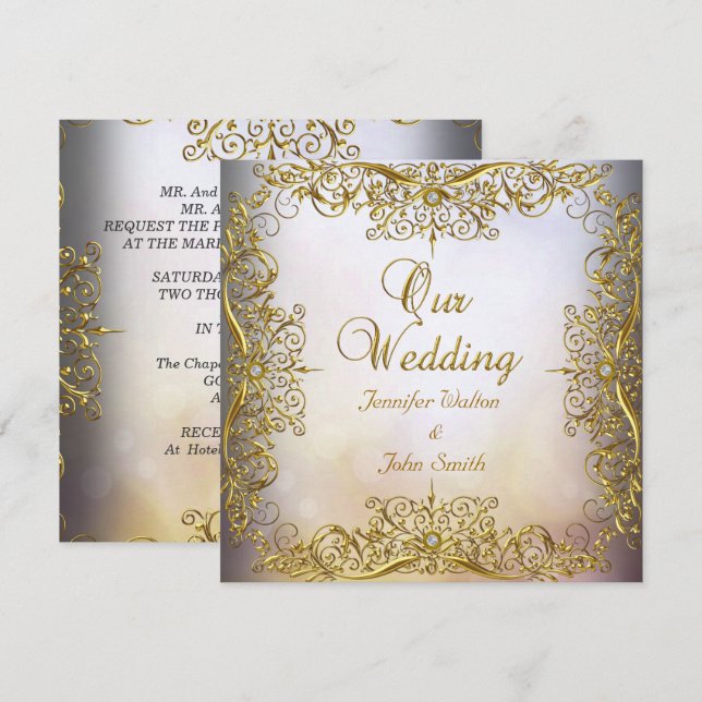 Convite Casamento Elegante Elite Bege Dourado (Frente/Verso)