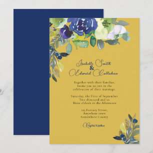 Convite Casamento Elegante em Azul Naval com Floral Aguare
