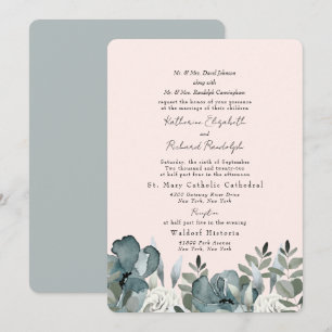 Convite Casamento Elegante em Azul Poeirento Floral e Blus