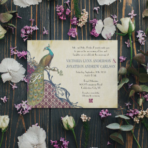 Convite Casamento Elegante em Damasco com Pavão Azul e Ber