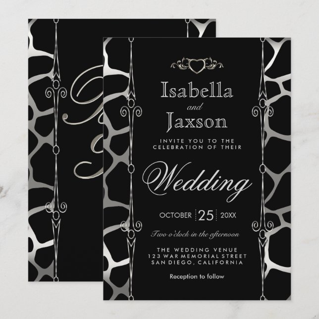 Convite Casamento Elegante em Girafa com Listras Prateadas (Frente/Verso)