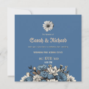 Convite Casamento Elegante em Jeans e Floral Azul Marinho
