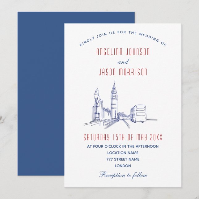 Convite Casamento Elegante em Londres (Frente/Verso)