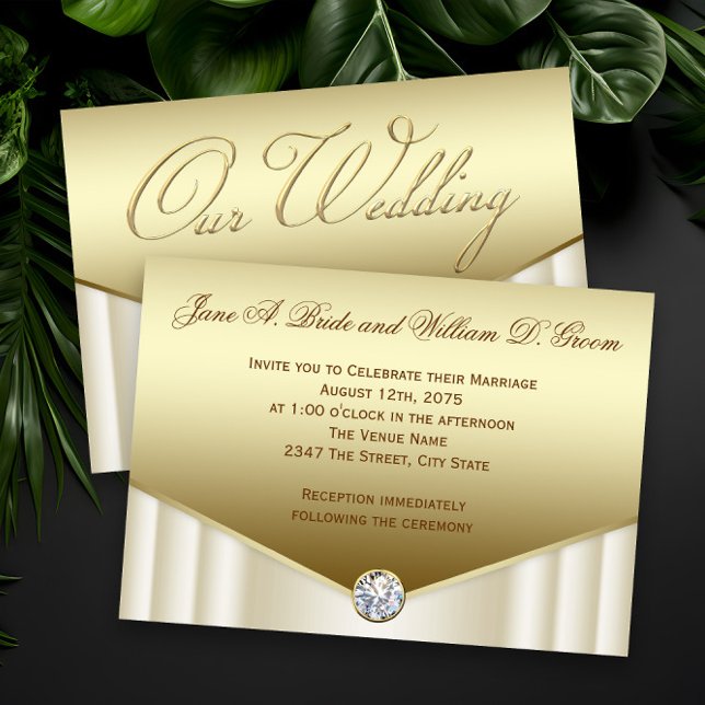 Convite Casamento Elegante em Marfim e Ouro com Redemoinho (Elegant gold diamond wedding invitations.)