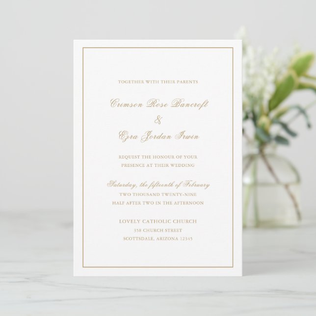 Convite Casamento Elegante em Ouro Vintage (Em pé/Frente)
