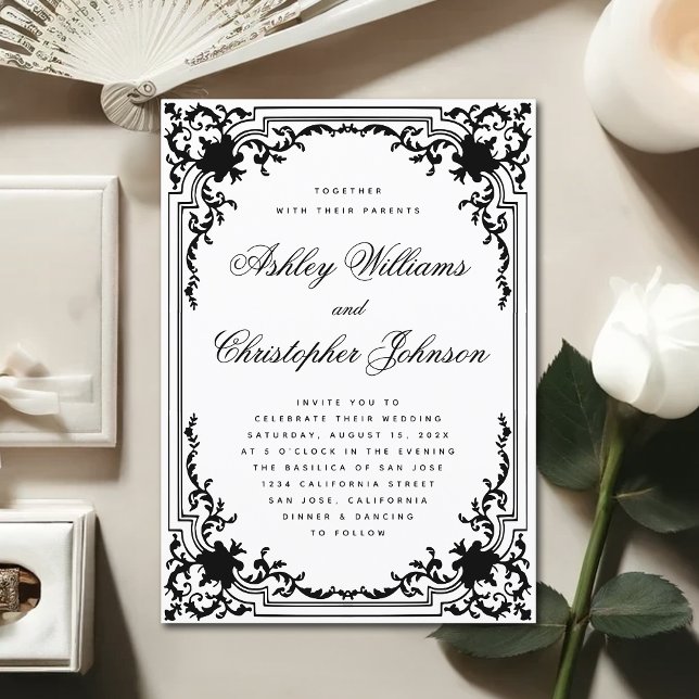 Convite Casamento Elegante em Preto e Branco Monocromático (Criador carregado)