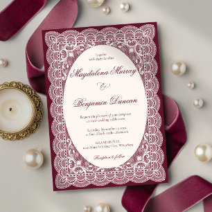 Convite Casamento Elegante em Renda Marfim e Burgundy Vint