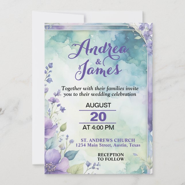 Convite Casamento Elegante em Tons Pastéis de Lavanda e Ve (Frente)