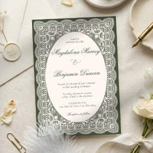 Convite Casamento Elegante em Verde Oliva com Renda Ivory 