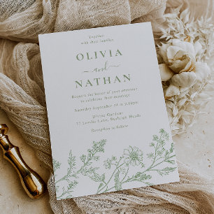 Convite Casamento Elegante em Verde Sage com Arte de Linha