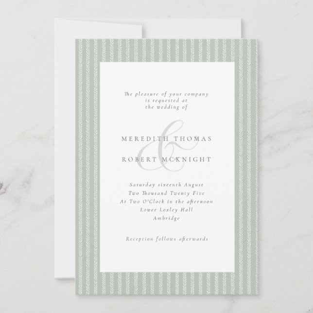 Convite Casamento Elegante em Verde Sage e Listras Brancas (Frente)