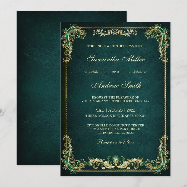 Convite Casamento Elegante Esmeralda e Dourado (Frente/Verso)