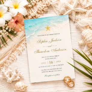 Convite Casamento Elegante Estrela-do-Mar Oceano Azul