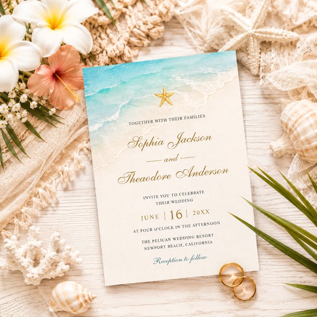 Convite Casamento Elegante Estrela-do-Mar Oceano Azul (Criador carregado)