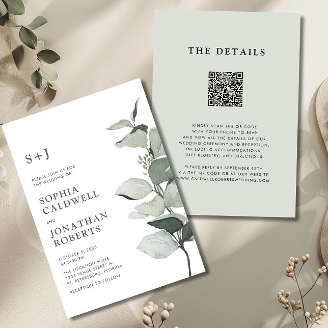 Convite Casamento Elegante Eucalyptus Código QR (Elegant Eucalyptus QR Code Sage Wedding Invitation)