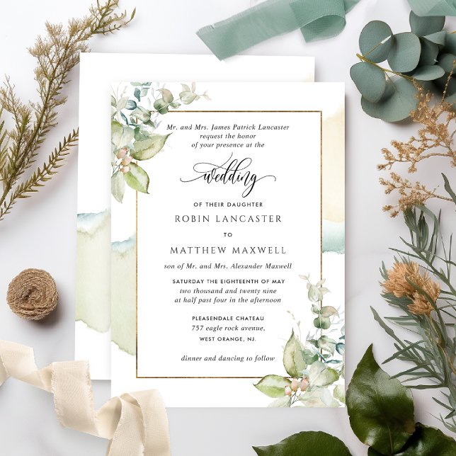Convite Casamento Elegante Eucalyptus com Aquarela e Verde (Criador carregado)