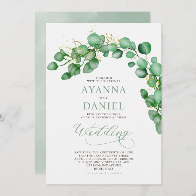 Convite Casamento Elegante Eucalyptus Greenery (Frente/Verso)