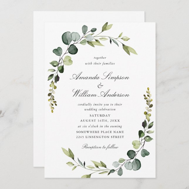 Convite Casamento Elegante Eucalyptus Greenery (Frente/Verso)
