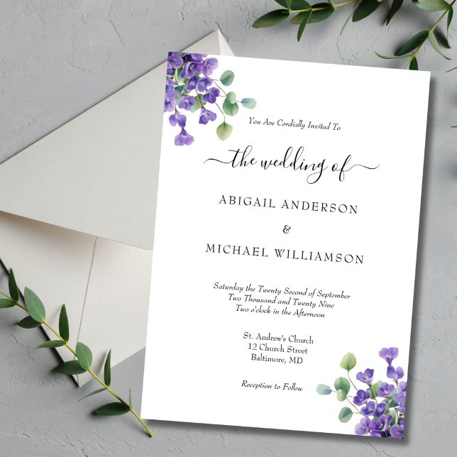 Convite Casamento Elegante Eucalyptus Vermelhos (Purple Floral Eucalyptus Watercolor Elegant Wedding invitation)