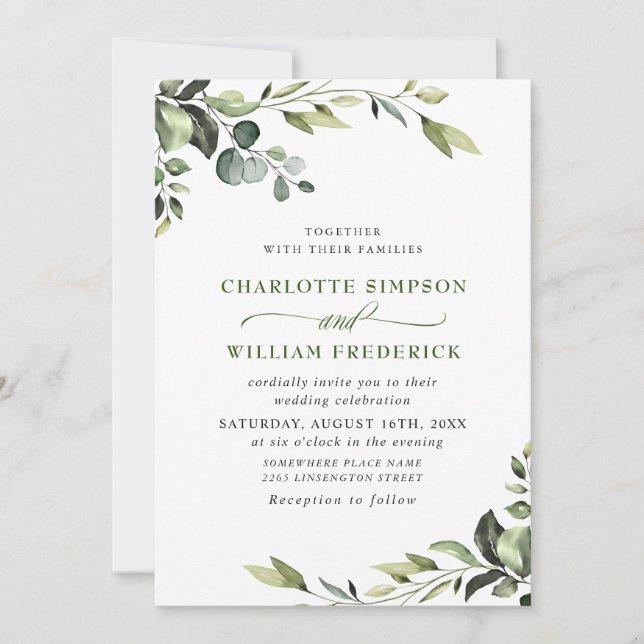 Convite Casamento Elegante Eucalyptus Watercolor Greenery (Frente)