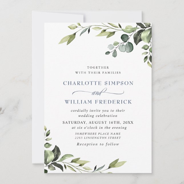 Convite Casamento Elegante Eucalyptus Watercolor Greenery (Frente)