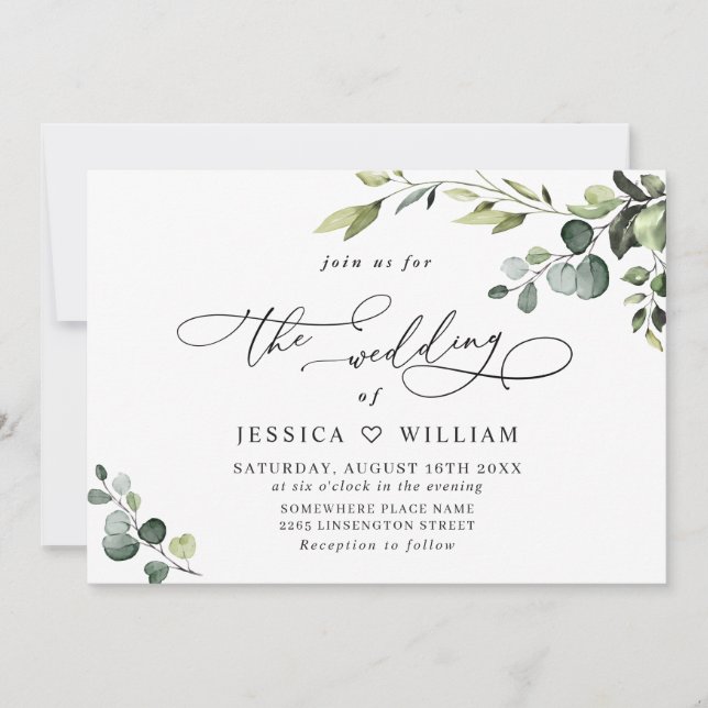 Convite Casamento Elegante Eucalyptus Watercolor Greenery (Frente)