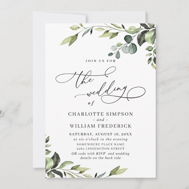 Convite Casamento Elegante Eucalyptus Watercolor Greenery (Frente)