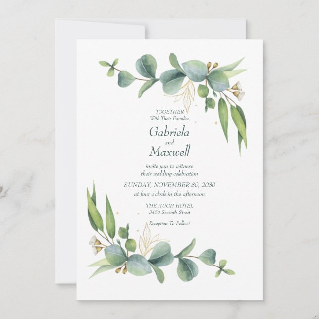 Convite Casamento Elegante Eucalyptus White e Greenery (Frente)