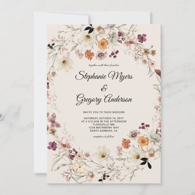 Convite Casamento Elegante Fall Boho Wildflower (Frente)