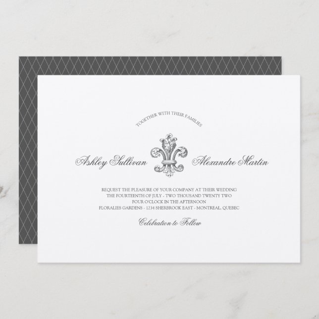 Convite Casamento Elegante Fleur de Lis com RSVP (Frente/Verso)