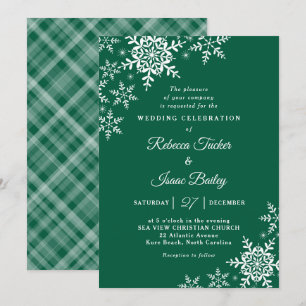 Convite Casamento Elegante Flocos de Neve Xadrez Verde Caç