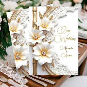 Convite Casamento Elegante Flor de Bambu Diamante Ouro Bra