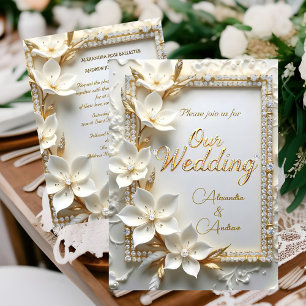 Convite Casamento Elegante Flor de Diamante Dourado Branco