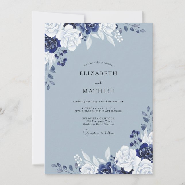 Convite Casamento Elegante Flor de Índigo em Slate (Frente)