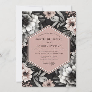 Convite Casamento Elegante Flora Charcoal Blush