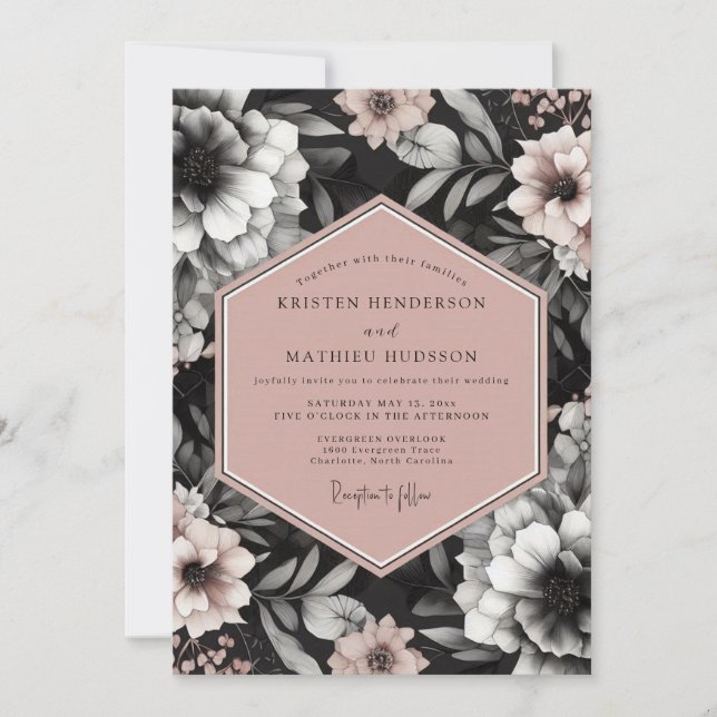 Convite Casamento Elegante Flora Charcoal Blush (Frente)