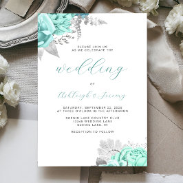 Convite Casamento Elegante Floral Aqua Script Prata