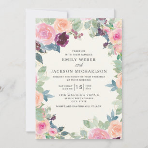 Convite Casamento Elegante Floral Aquarela Rosa Roxo