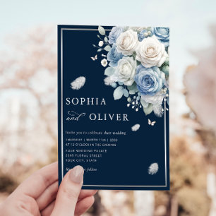 Convite Casamento Elegante Floral Azul Elegante Boho Dusty
