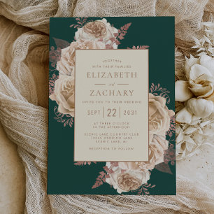 Convite Casamento Elegante Floral Azul Escuro Rosa Dourada