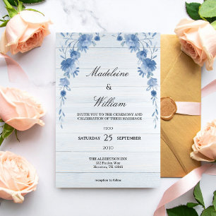 Convite Casamento Elegante Floral Azul Madeira Rústica 