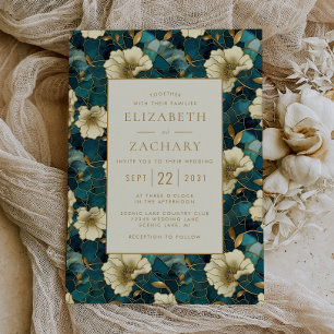 Convite Casamento Elegante Floral Azul Turquesa Creme Dour