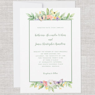 Convite Casamento Elegante Floral Borboleta Aquarela Verde