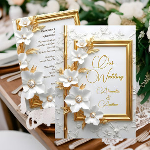 Convite Casamento Elegante Floral Branco com Diamante e Do